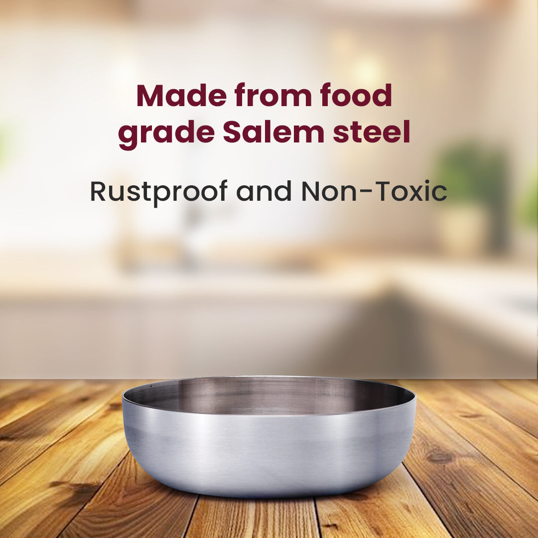 Stainless Steel Flat Katori Bowl – Food-Grade, Rust-Free Bowl for Halwa, salads, fruits, Snacks & Desserts