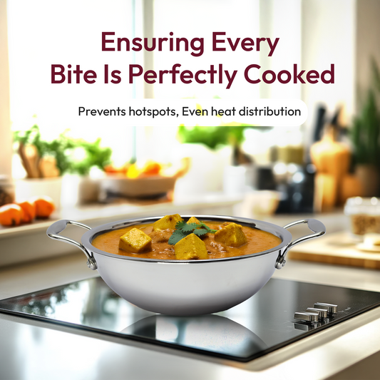 Triply Stainless Steel Kadhai with Lid – Heavy-Duty, Even-Heat Distribution Cookware for Deep Frying, Curries & More, Triple Coat