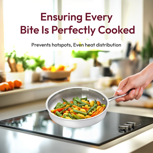 Triply Stainless Steel Sauté Pan with Lid – High-Performance, Non-Reactive & Even-Heat Distribution Pan for Sautéing, Frying & More