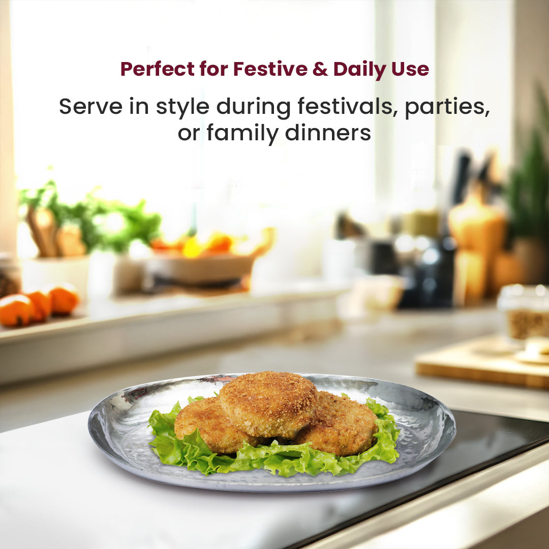 Premium Hammered Stainless Steel Oval Plate – Elegant Serveware for Rice, Snacks & Starters