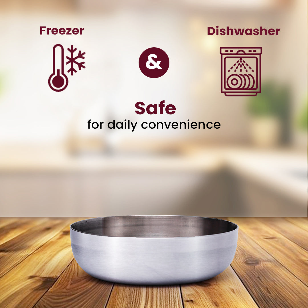 Stainless Steel Flat Katori Bowl – Food-Grade, Rust-Free Bowl for Halwa, salads, fruits, Snacks & Desserts