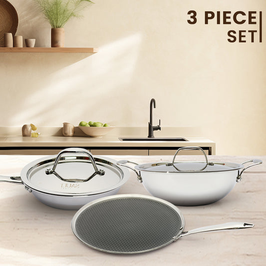 Triplex Stainless Steel Cookware Trio – Hybrid Tawa 30cm, Kadhai with Lid 22cm & Frypan 22cm