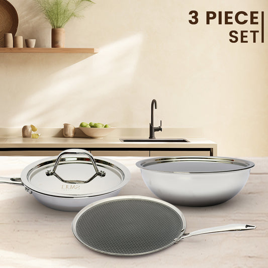 Premium Triplex Stainless Steel Cookware Set – Hybrid Tawa 30cm, Frypan 20cm & Tasala with Lid 20cm