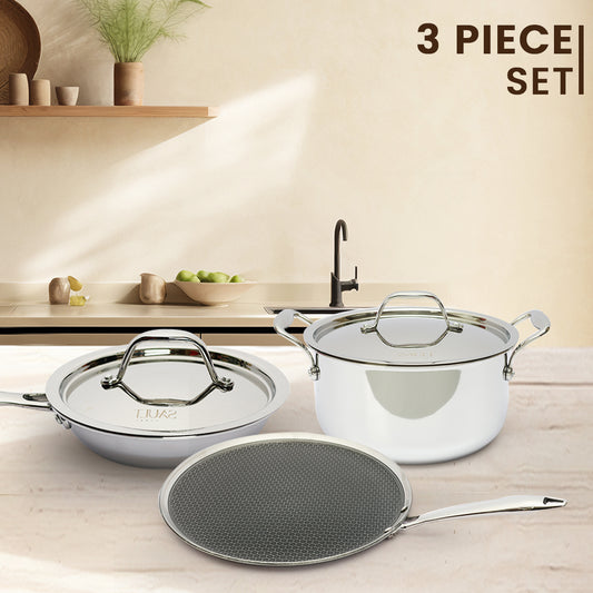 Premium Triplex Stainless Steel Cookware Set – Hybrid Tawa 30cm, Casserole 20cm & Frypan 20cm