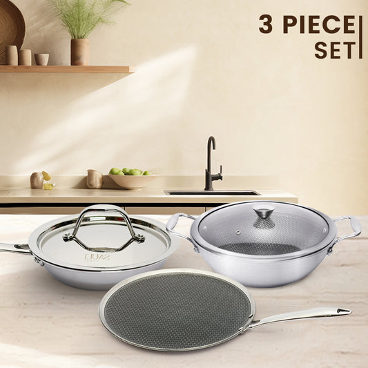 Premium Triplex Stainless Steel Cookware Set – Hybrid Tawa 30cm, Kadhai with Lid 20cm & Frypan 20cm