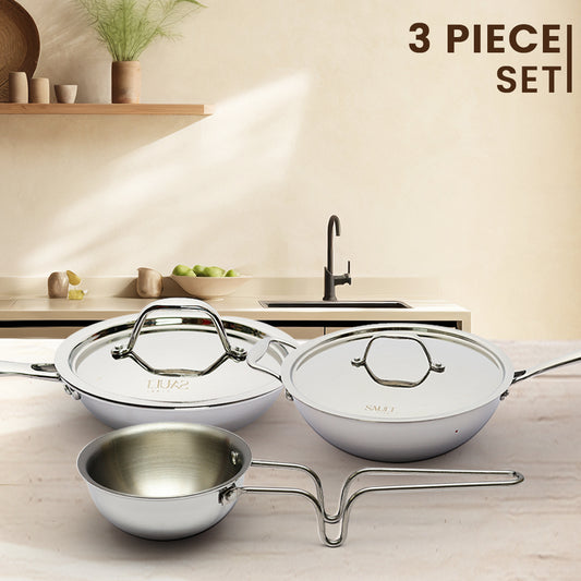 Premium Triplex Stainless Steel Cookware Combo – Wok with Lid 26cm, Frypan 22cm & Tadka Pan 11cm (3-Piece Set)
