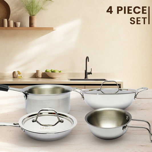 Premium Triplex Stainless Steel Mini Cookware Set – Kadhai with Lid (16cm), Frypan (16cm), Sauce Pan Mini (10cm) & Tadka Pan (11cm) – 4-Piece Set