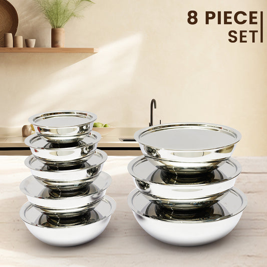 Complete Triplex Stainless Steel Tasala Cookware Set with Lids – 8 Sizes (14cm to 28cm) – Versatile & Durable for Every Kitchen Need