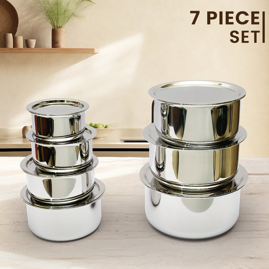 Triplex Stainless Steel Tope Cookware Set with Lids – 7 Sizes (12cm to 24cm) – Versatile, Durable & Elegant Kitchen Essential