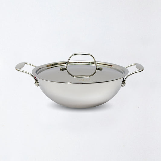 Triply Stainless Steel Kadhai with Lid – Heavy-Duty, Even-Heat Distribution Cookware for Deep Frying, Curries & More, Triple Coat