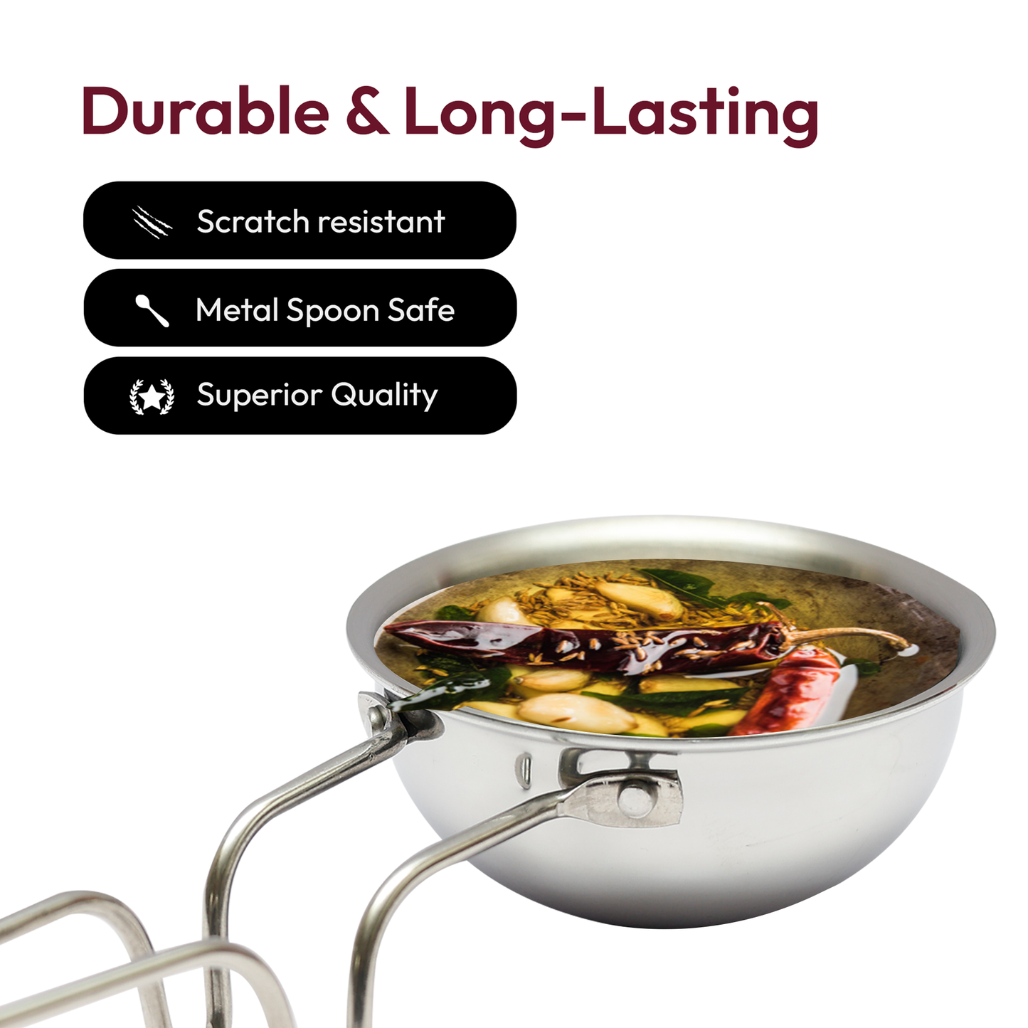 Premium Triplex Stainless Steel Cookware Combo – Wok with Lid 26cm, Frypan 22cm & Tadka Pan 11cm (3-Piece Set)