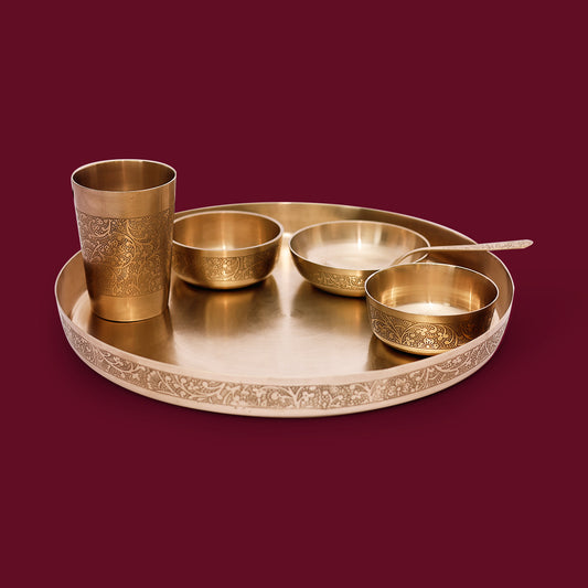 Pure Kansa Bronze Thali Set – Complete Ayurvedic Dinner Set with Plate, Bowls, Spoon & Glass, Handcrafted & Health-Friendly