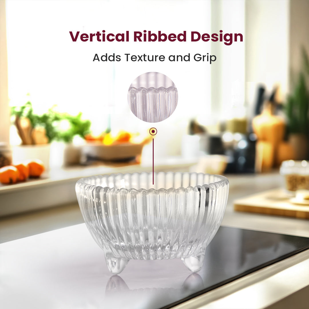 Elegant Ribbed Glass Bowls – 6pc of Set | Clear Serving Bowls with Feet