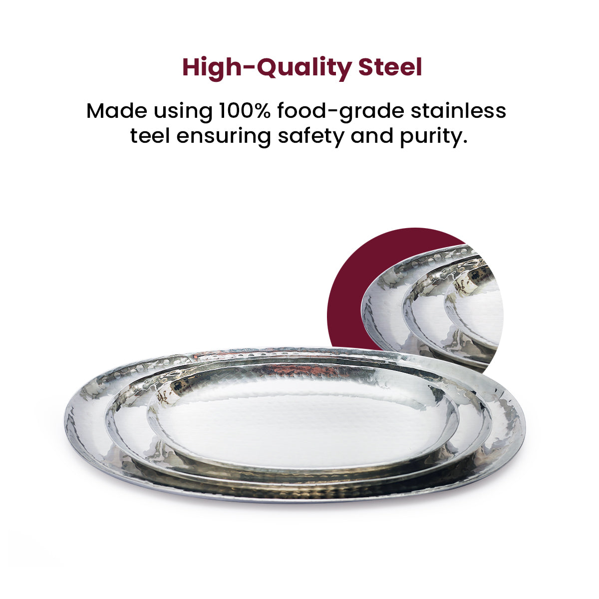 Premium Hammered Stainless Steel Oval Plate – Elegant Serveware for Rice, Snacks & Starters