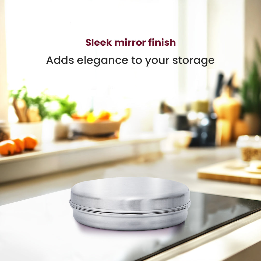 Sleek & Flat Steel Puri Dabba – Compact Food-Grade Storage for Puris, Snacks & Chocolates