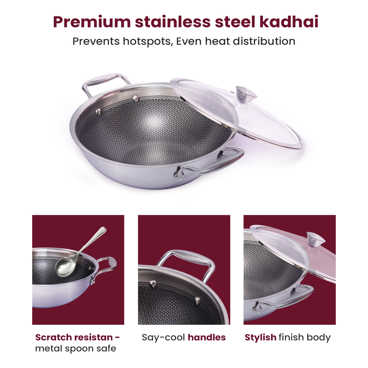 Triply Stainless Steel Honeycomb Kadhai with Glass Lid – Induction & Gas Compatible