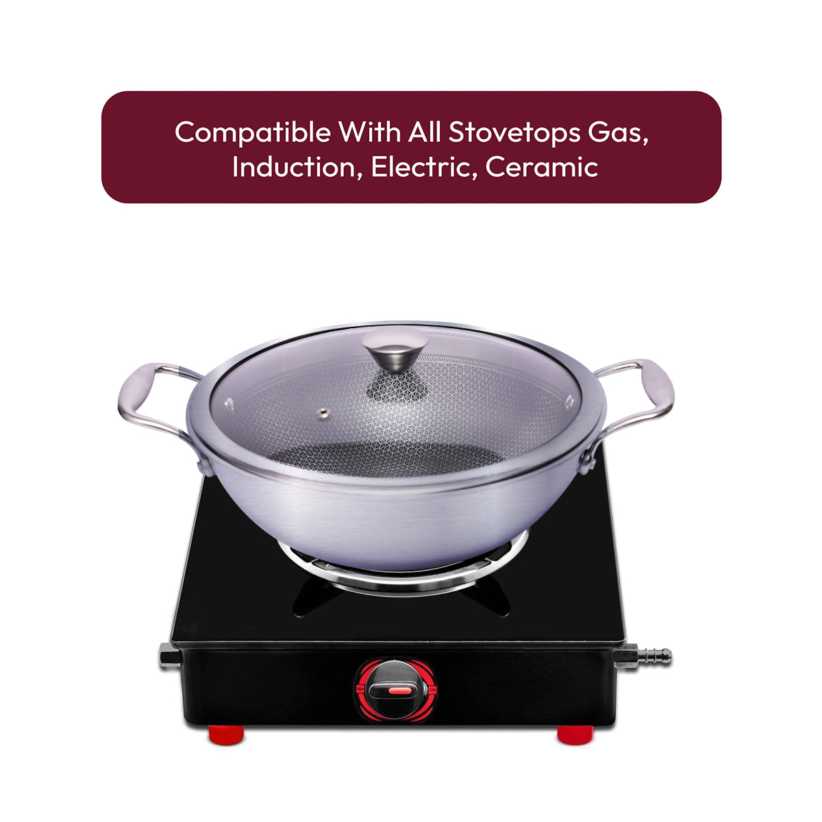 Triply Stainless Steel Honeycomb Kadhai with Glass Lid – Induction & Gas Compatible