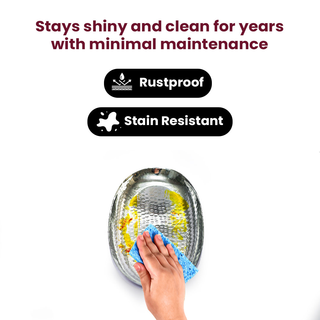 Premium Hammered Stainless Steel Oval Plate – Elegant Serveware for Rice, Snacks & Starters