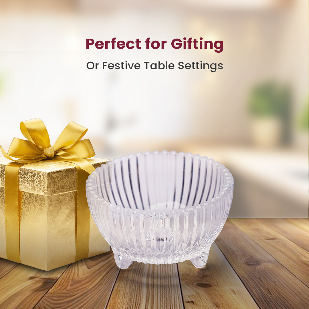 Elegant Ribbed Glass Bowls – 6pc of Set | Clear Serving Bowls with Feet