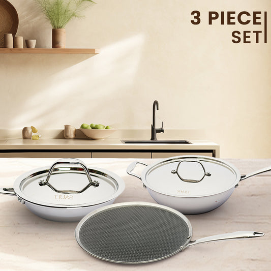 Premium Triplex Stainless Steel Cookware Set – 22cm Wok with Lid, 30cm Hybrid Tawa & 22cm Frypan (3-Piece Combo)